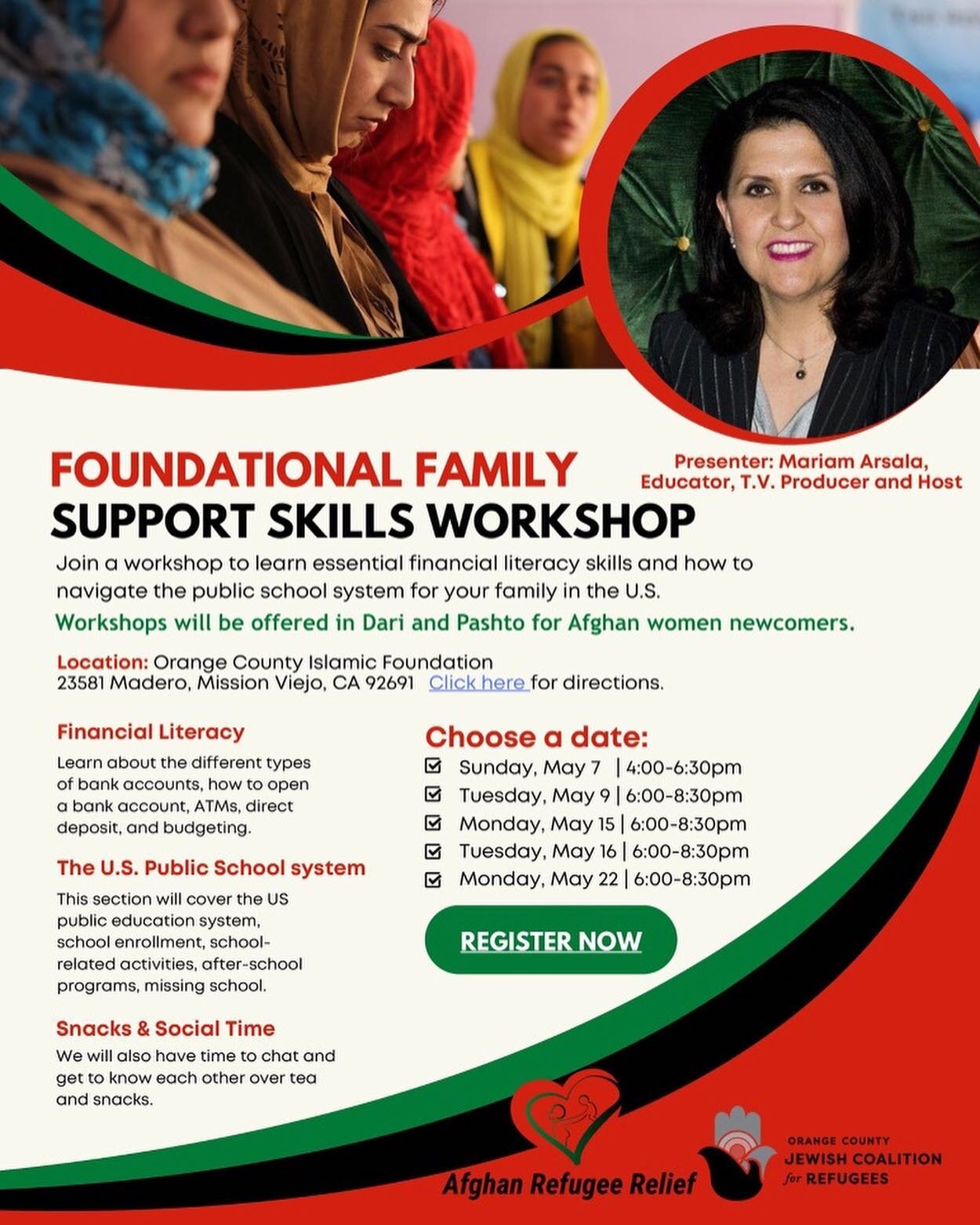 We are proud to partner with @ocjc4refugees and present Foundational Family Support Skills Workshops for Newly Arrived Afghan Women.

Emphasis will be on financial literacy and how to navigate the US public school system, presented by TV host, educat