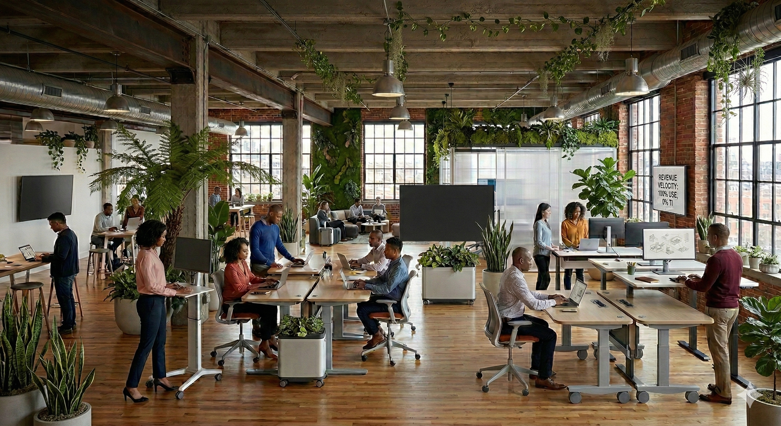 People working on laptops and tablets in a modern, open-plan coworking space with large windows, exposed brick walls, and numerous indoor plants.