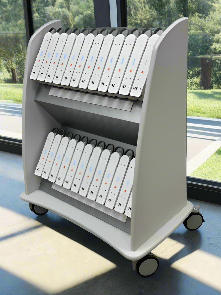 A battery charging cart from August Berres that can accommodate 24 C-Power units and is powered by AC electricity.