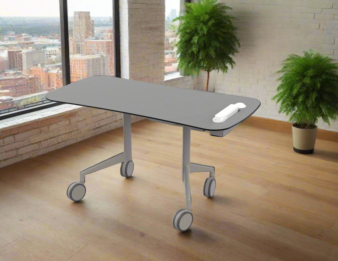 August Berres battery-powered Respond! desks support productive Agile Workplaces because they reconfigure easily and provide AC and DC connections for all devices including dual monitors.