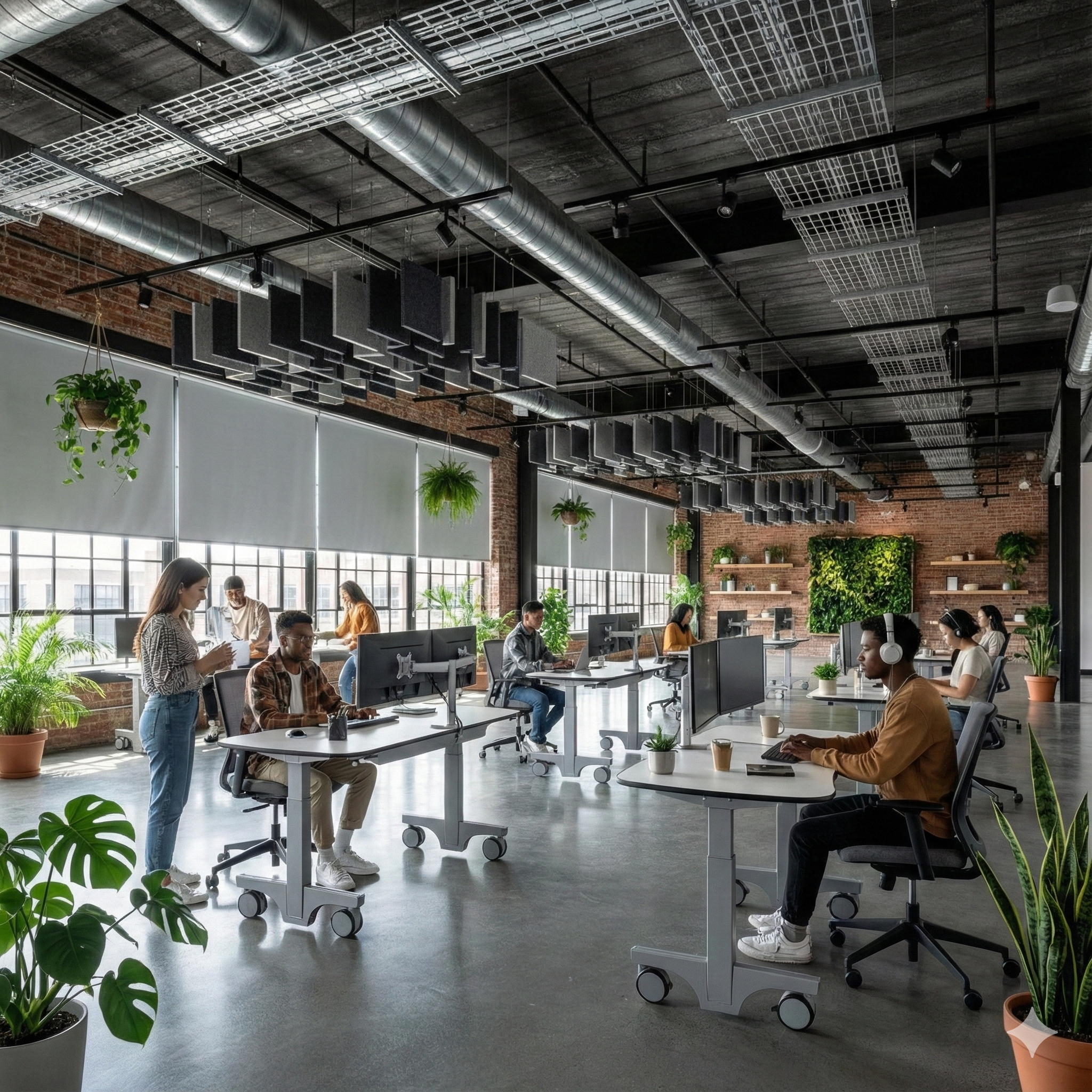 Open-plan modern office with multiple people working at desks with computers, plants, exposed brick and ceiling ductwork.