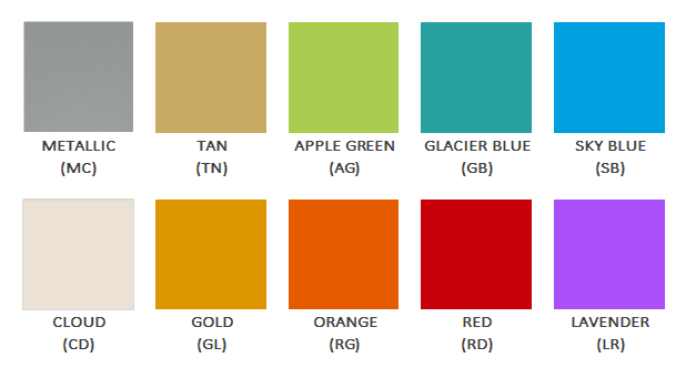 Color palette featuring ten shades: metallic grey, tan, apple green, glacier blue, sky blue, cloud white, gold, orange, red, lavender, arranged in two rows.