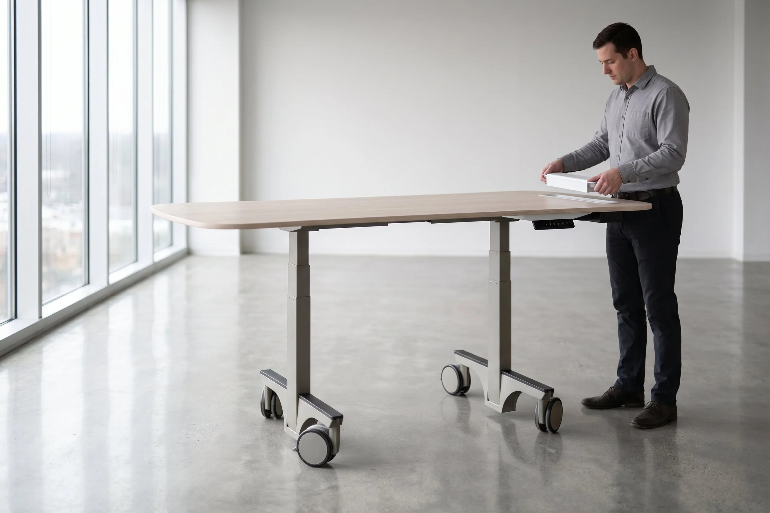 A man in business casual attire adjusting a height-adjustable mobile standing desk in a bright, modern office with large floor-to-ceiling windows.