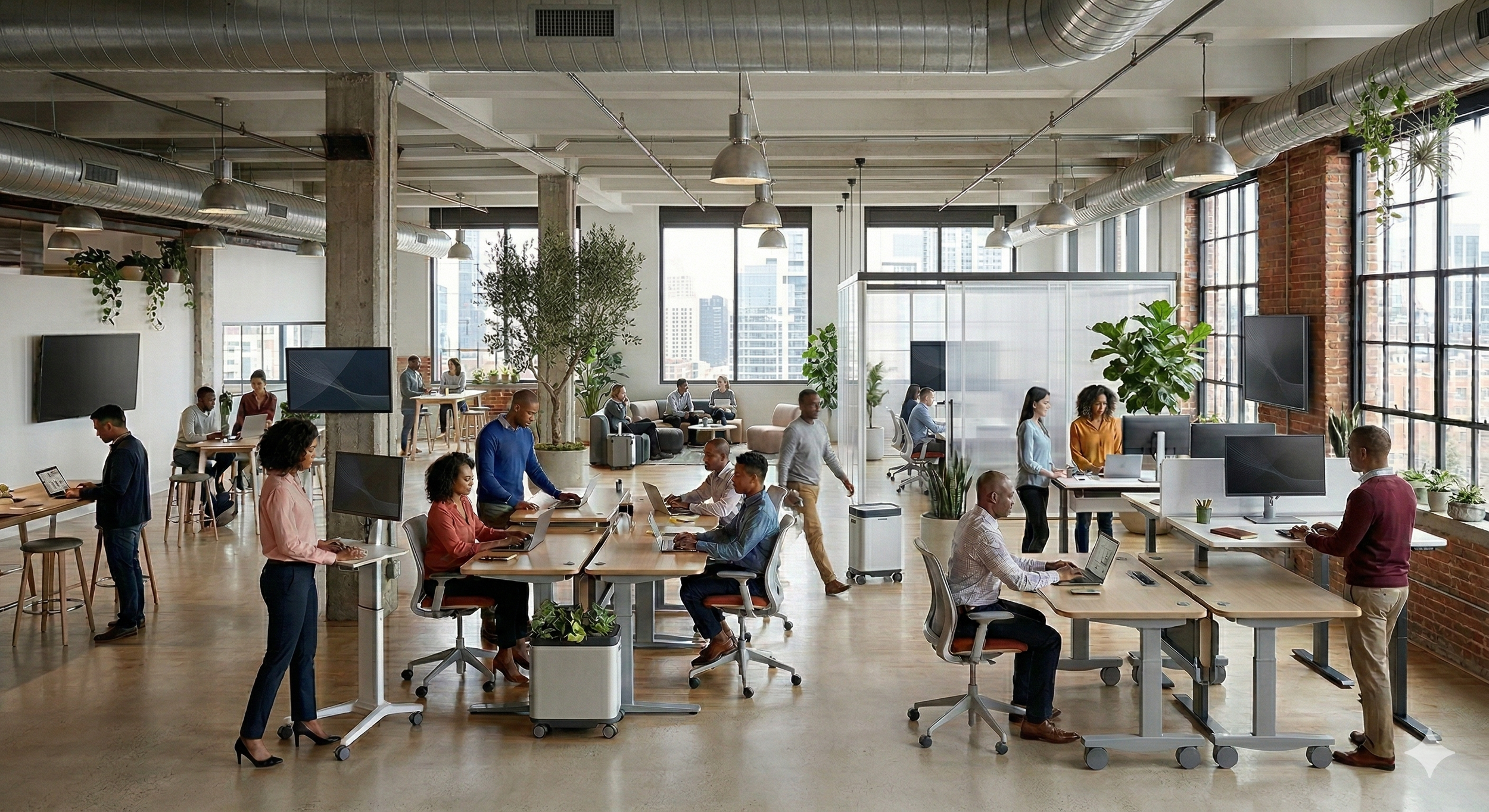 Open-plan modern office with large windows, various workstations, and numerous employees working, collaborating, and using laptops.