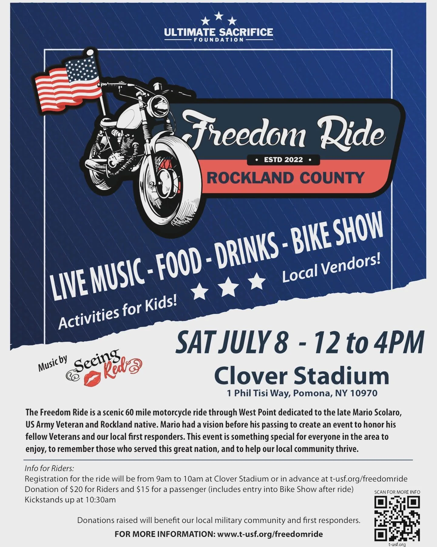 Calling all Rockland, Bergen, and Westchester Veterans and First Responders!

July 8th, 2023 at Clover Stadium in Pomona, NY, we will be hosting an amazing event that you will not want to miss.

The Freedom Ride is a scenic 60 mile motorcycle ride de