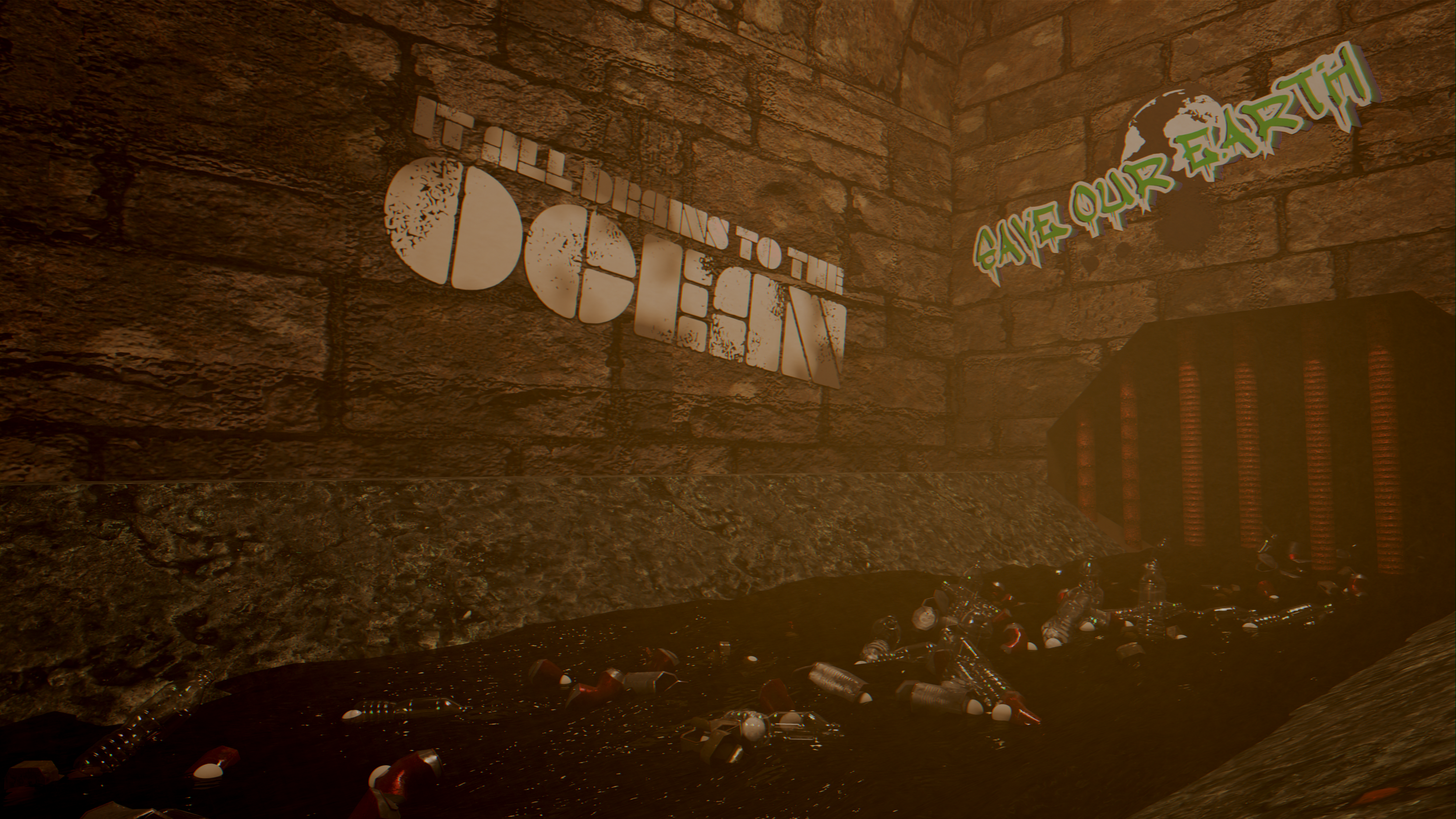 A sewer filled with litter