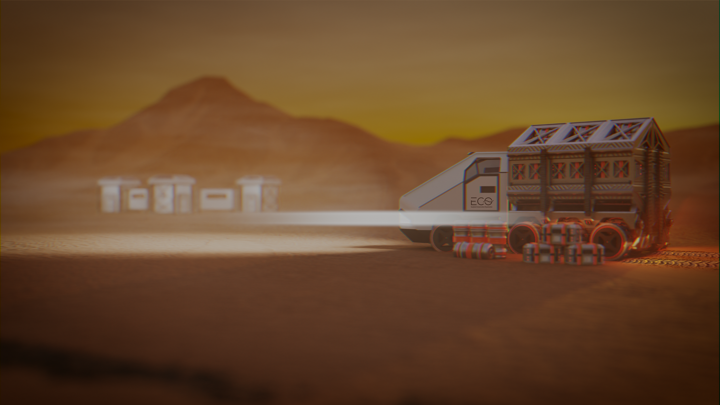 Eco freighter transporting material in a dust storm on Mars