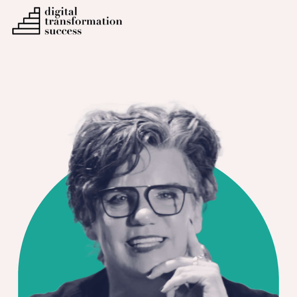 A woman with curly short hair and glasses, wearing a dark shirt, smiling and resting her chin on her hand, with a green semi-circle background and "digital transformation success" text in the top left corner.