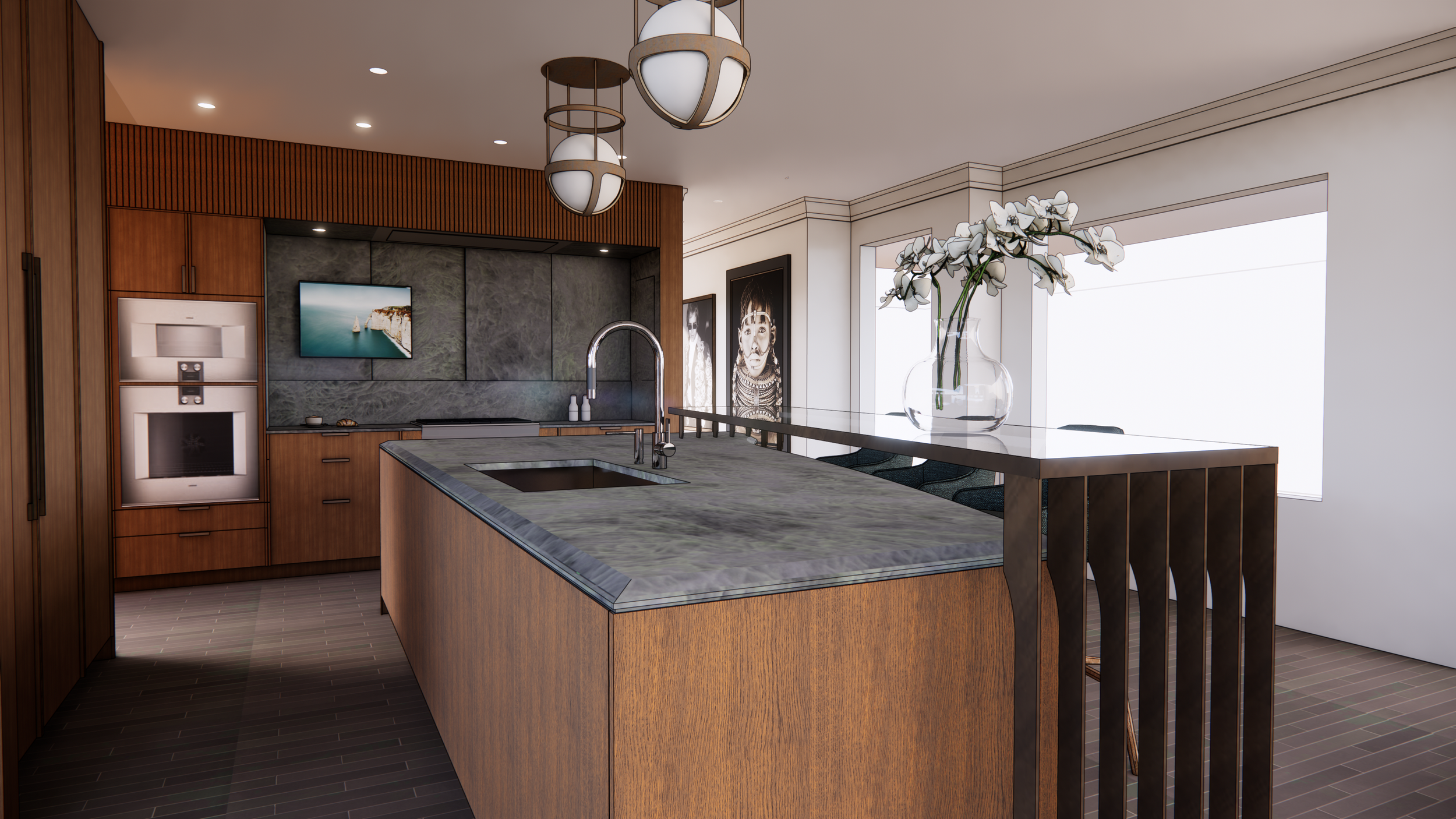 Modern kitchen with wooden cabinetry, gray stone backsplash, marble countertop island, and a large glass vase with white orchids. Two pendant lights hang above the island, and a window with blinds lets in natural light. Decorative black and white por