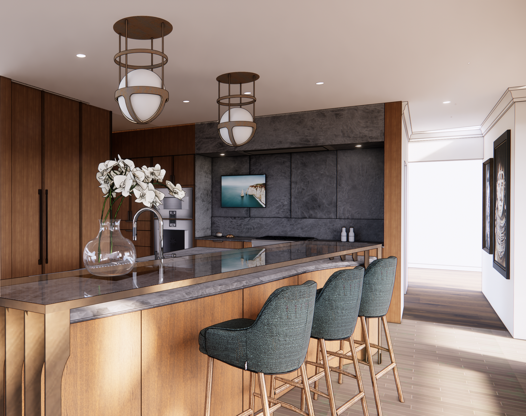 Modern kitchen with wood cabinets, a marble island, gray stone backsplash, and a vase with white orchids.