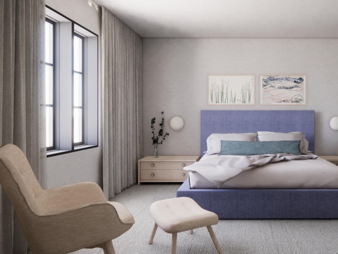 A bedroom with a blue bed, beige chair and ottoman, and a nightstand with a plant. Light streams in through large windows with curtains; wall art decorates the wall above the bed.