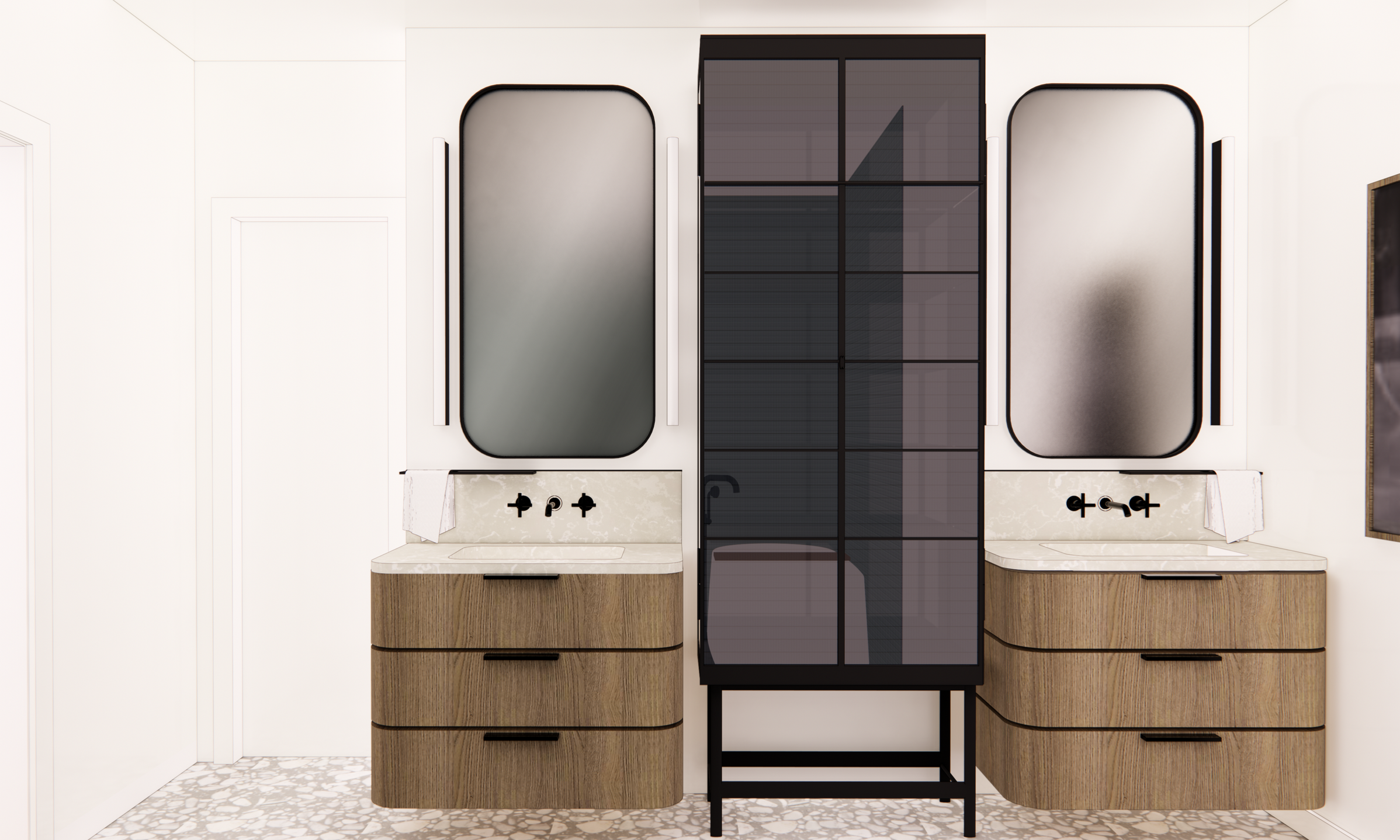 Modern bathroom with two sinks, each with a mirror, wooden cabinets, and a glass-enclosed shower in the center.