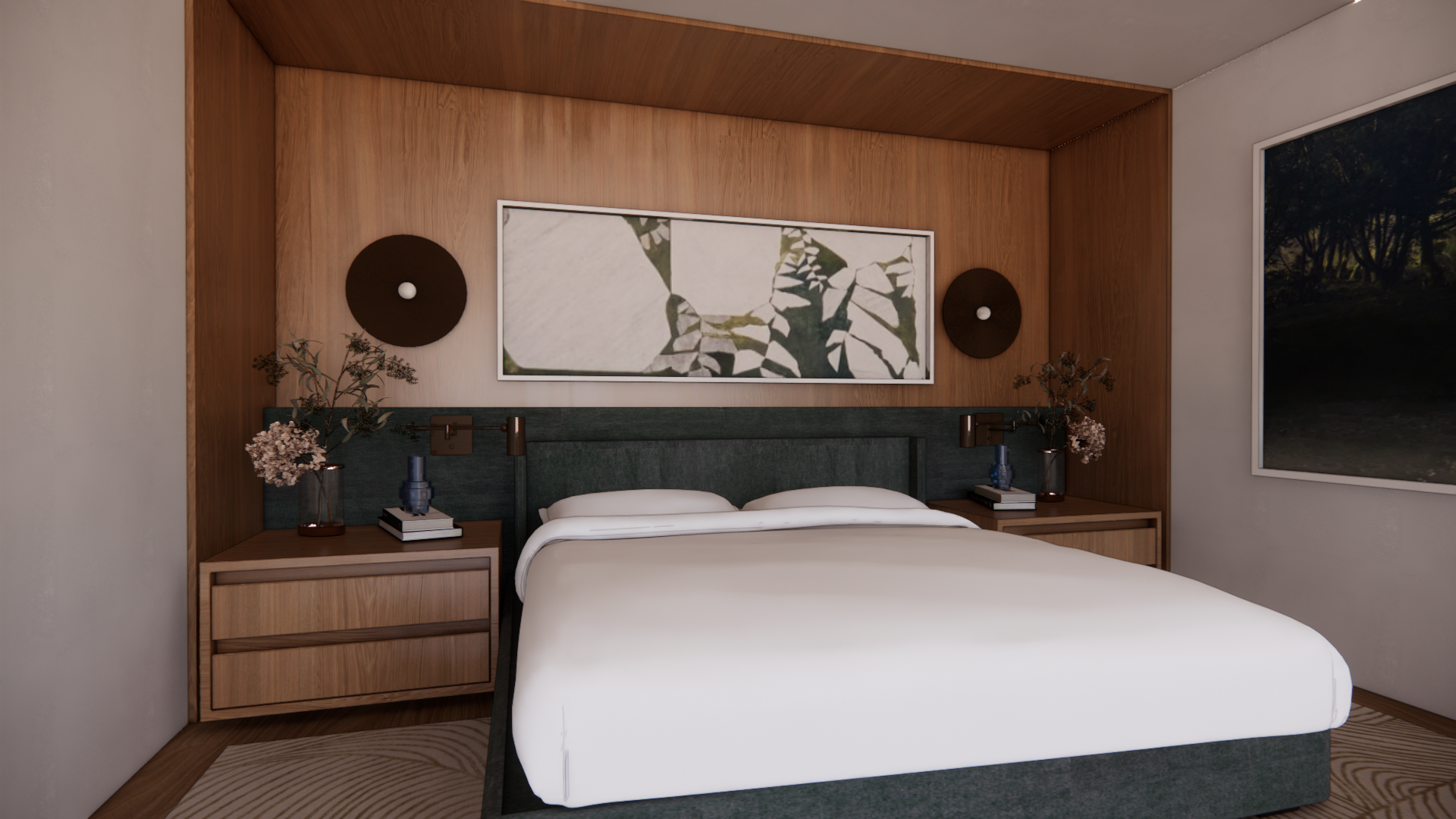 A modern bedroom with a large bed, wooden nightstands, and minimalistic decor. The headboard is upholstered in green fabric, framed artwork hangs above, and two wall-mounted lamps illuminate the space. There are vases with flowers on each nightstand 