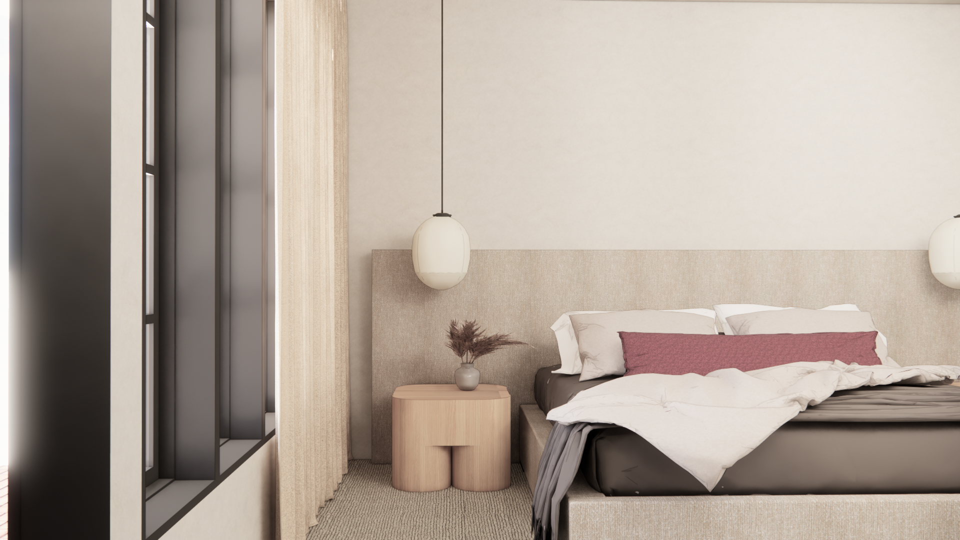 Modern bedroom with beige upholstered bed, pink pillow, white bedding, pendant light, wooden nightstand with vase and dried plants, large window with beige curtains.