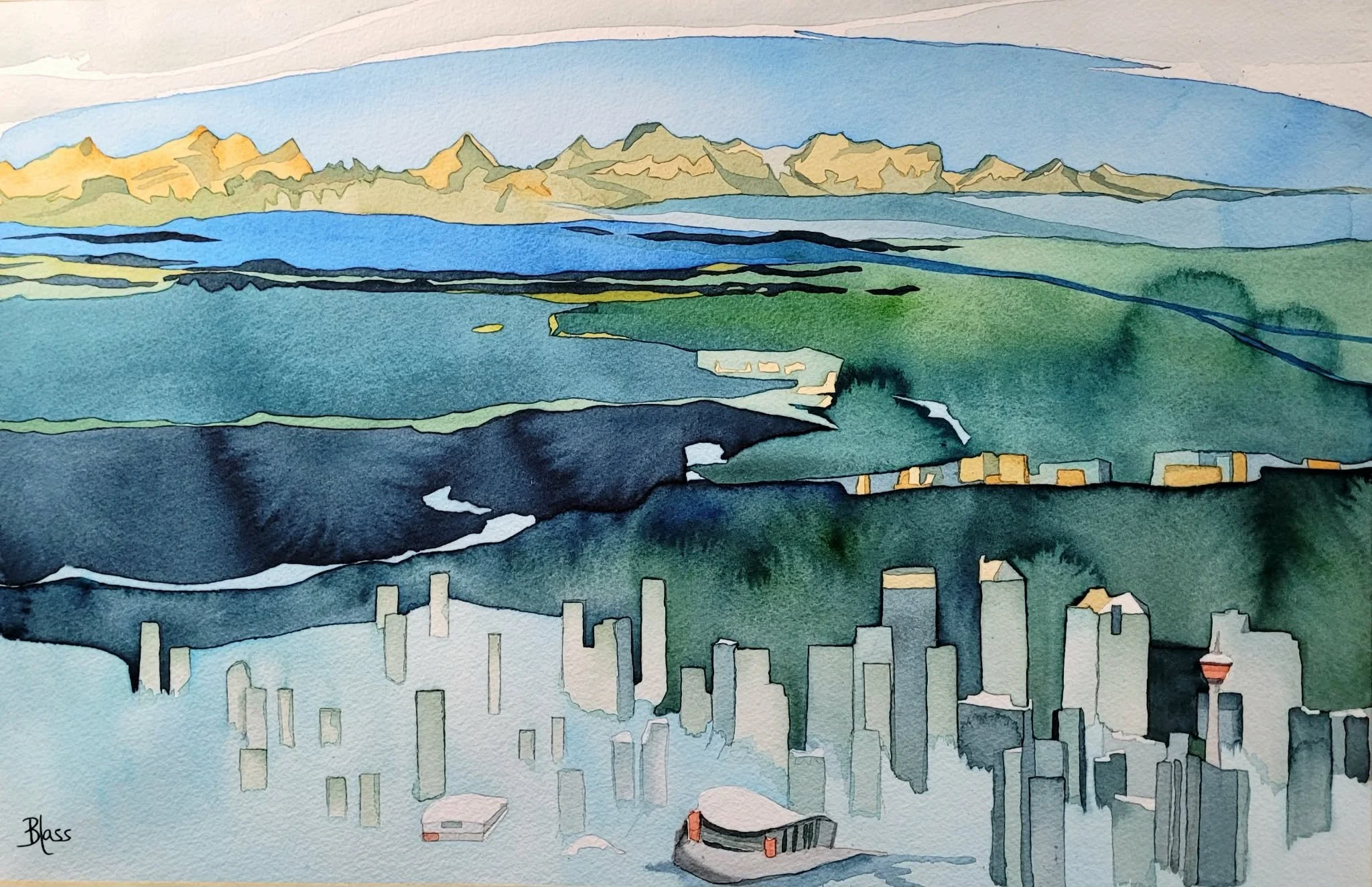 "All the Wonder of the West"
15x22"
Commissioned by a Calgary client who wanted to see the cityscape, the Saddledome, the Tower, the Rocky Mountains and a Chinook.  Managed to put it all in and still have a harmonious composition.
