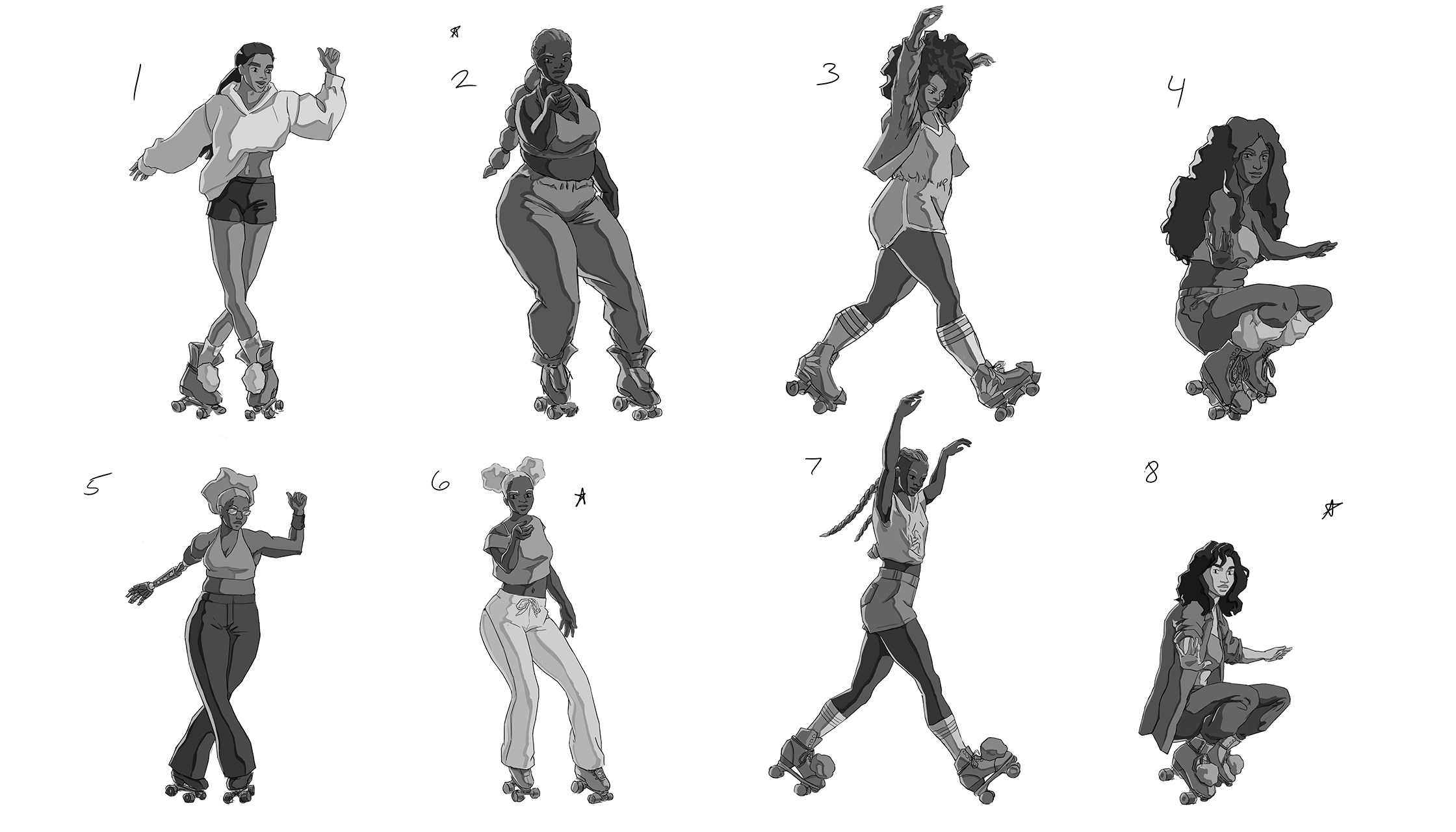 Roller skater concepts inspired by Outerloop Games style.