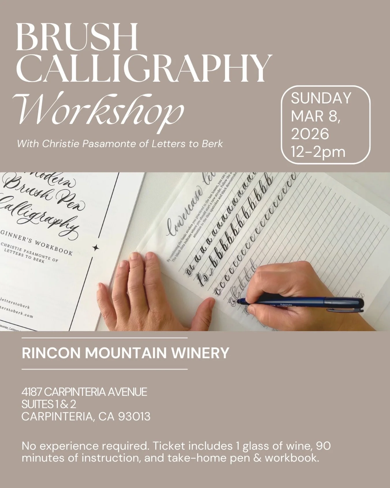 Join me for a beginner-friendly workshop next Sunday, March 8! We&rsquo;ll learn the basics of modern brush pen calligraphy in a beautiful Carpinteria space while sipping delicious wine from @rinconmtnwine.

Link to sign up in my bio. See you there!
