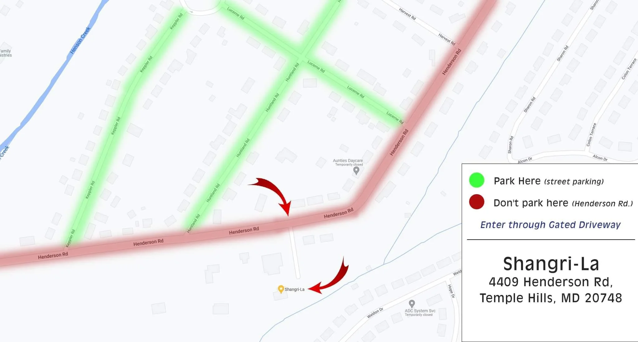 Map showing parking instructions for Shangri-La at 4409 Henderson Road, Temple Hills, MD 20748. Green indicates street parking allowed; red indicates no parking on Henderson Road. Arrows point to entrance through gated driveway and location of Shangri-La restaurant.