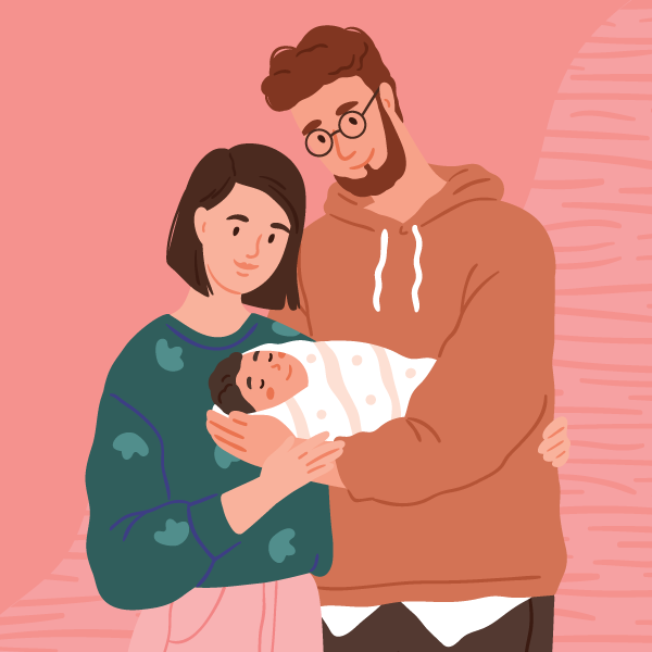 Illustration of two parents holding their baby together.