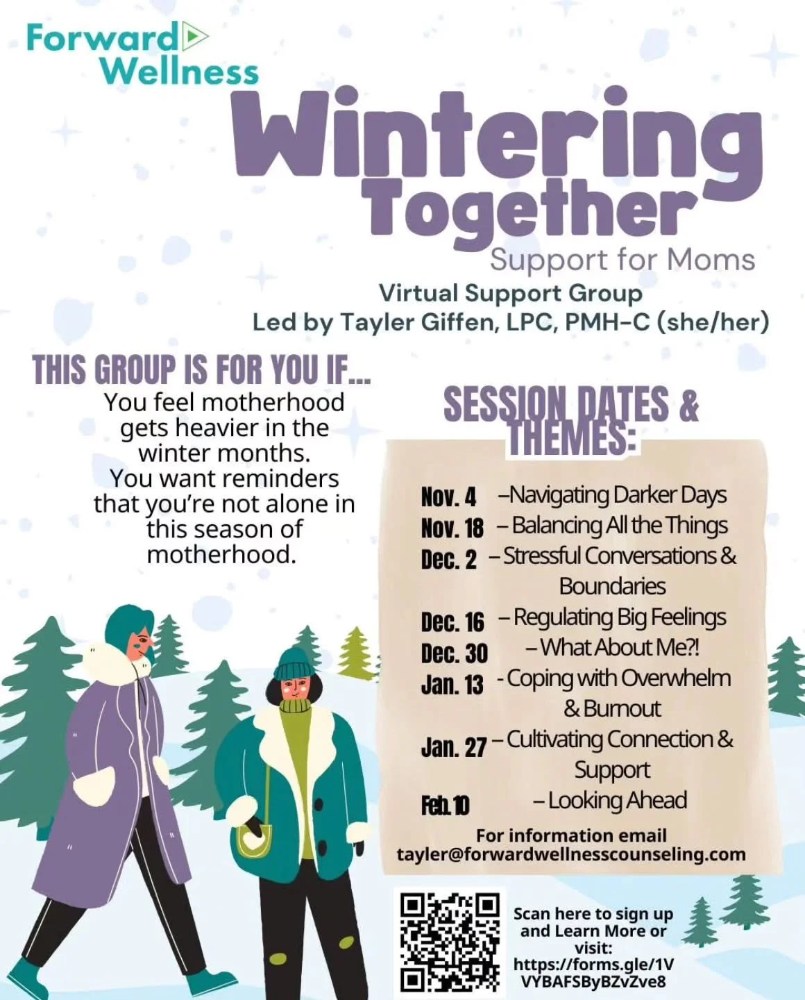 Hi friends - 
With the darker months approaching we wanted to create an accessible space for moms of younger kiddos to connect and feel supported. 
This virtual support group is free, biweekly on Tuesdays Nov-Feb at 12pm. (Dates and topics listed b