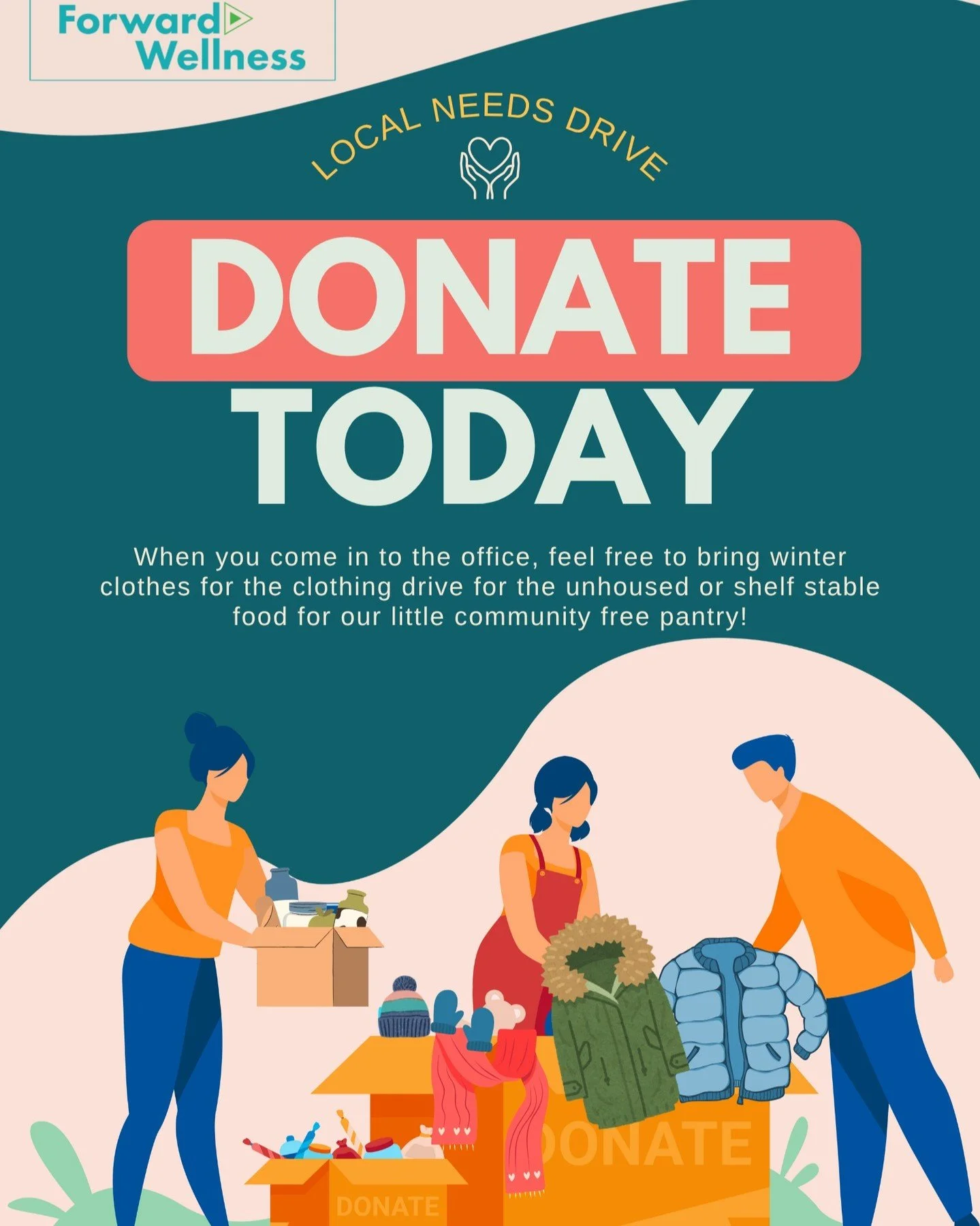 Together, we can make a difference! 🧤🧥
Bring winter clothes or shelf-stable food to our Forward Wellness office to help support our unhoused neighbors and community pantry. Every donation counts! 💙
#ForwardWellness #CommunityCare #LocalLove #Donat