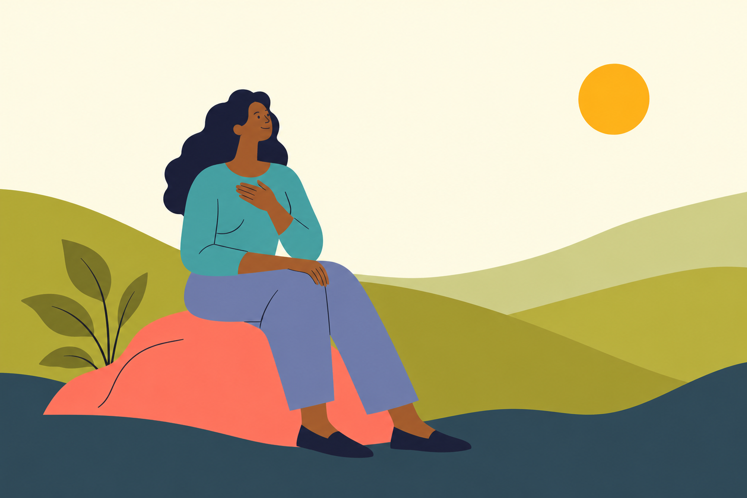 Illustration of a person seated on a coral-colored rock with a hand over their chest, surrounded by rolling hills and a warm sun.
