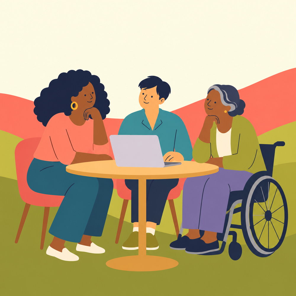 Three adults gathered around a laptop, sharing a moment of connection.