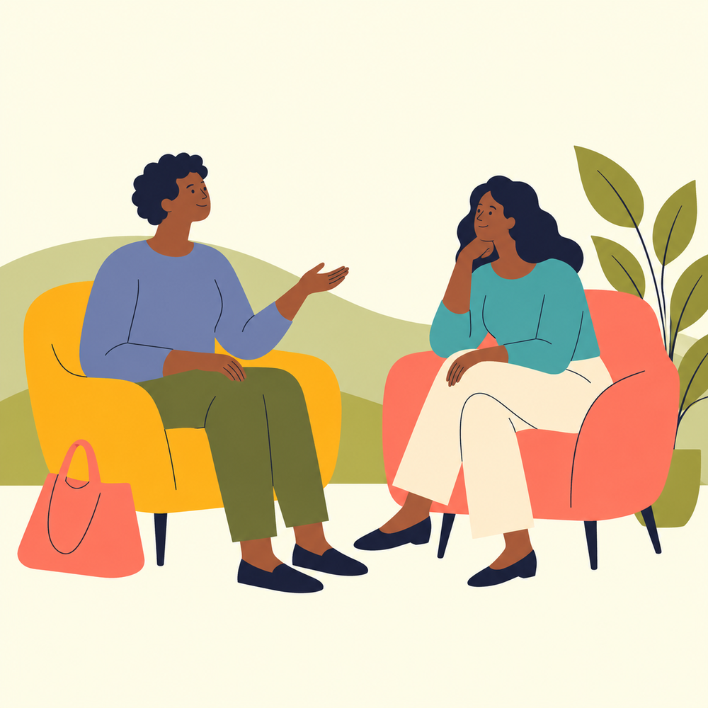 Illustration of two people talking in yellow and coral armchairs beside a leafy plant.