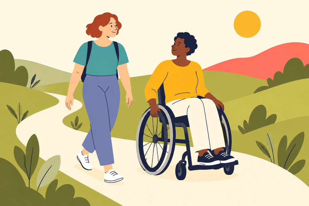 Illustration of two people traveling together along a winding path, one walking and one using a wheelchair.