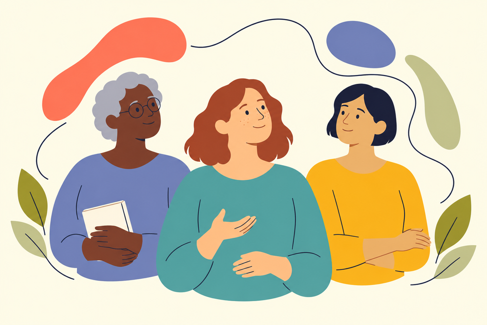 Illustration of three adults with different skin tones, surrounded by colorful shapes and leaves.
