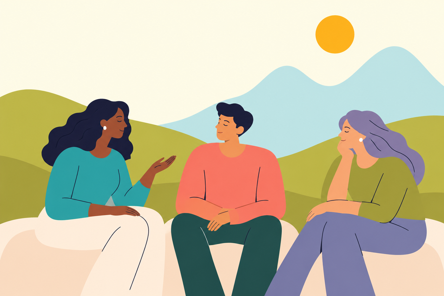Illustration of three adults listening and talking together against gently rolling hills.