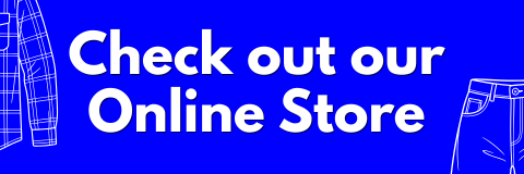 Purple background with white text that says 'Check out our Online Store' and a partial outline of a pair of jeans on the right.