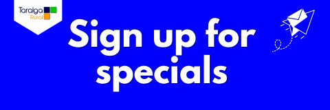 Text that reads 'Sign up for specials' with a logo in the top left corner and a blue background.