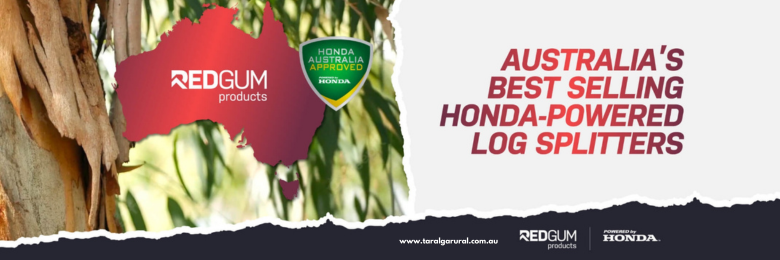 A promotional banner for Red Gum Products highlighting Australia's best-selling Honda-powered log splitters, featuring a red map of Australia with a green Honda Australia approved badge, and text emphasizing the product's popularity and endorsement.