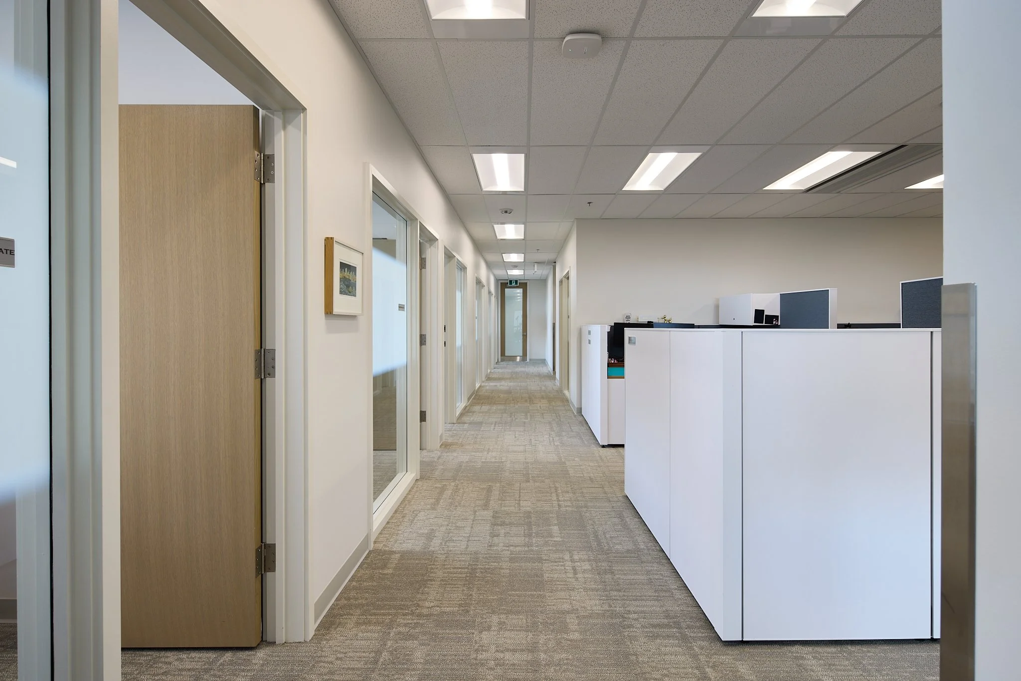 Modern office with cubicles and closed doors on either side, fluorescent lighting, and beige carpeting.