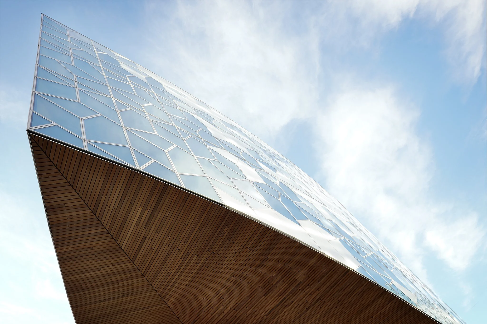 Architectural close-up of exterior facade detail at Calgary Public Library showing modern design and materials