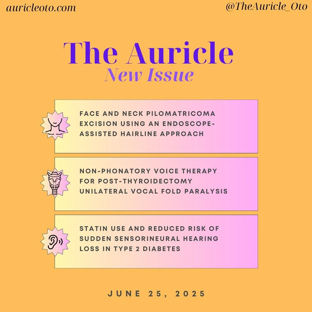 Auricle Issue 06-25-2025
Medical student feature:
Mia Dobbin @mia_lynne 
Rocky Vista University College of Osteopathic Medicine
Class of 2025
And her article: 
Tracheostomy Techniques in Severe COVID-19: Open vs. Percutaneous Approaches
@rockyvista