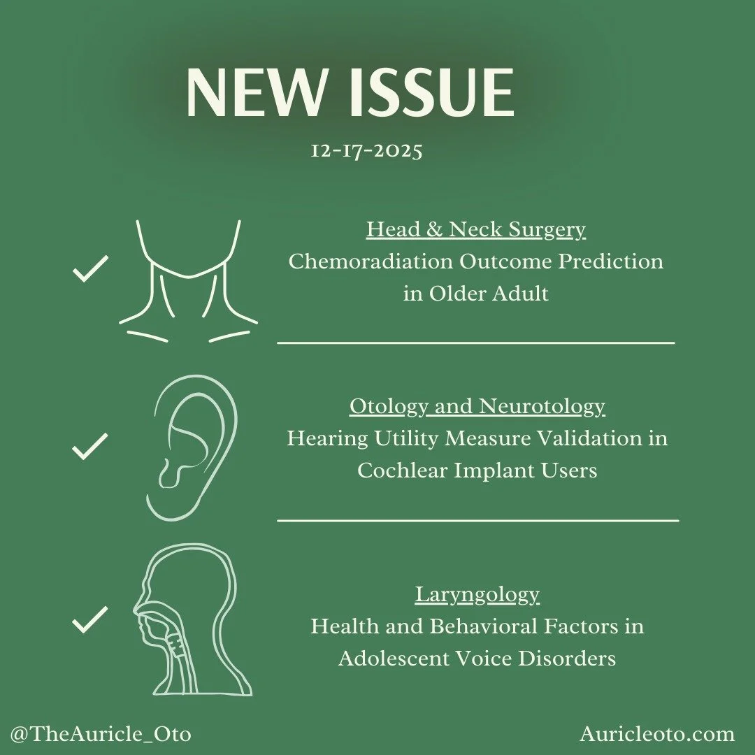 New Issue!

Medical student feature:
Vinayak Ganesan
Case Western Reserve University School of Medicine
Class of 2029

And his article:
Cognition, Frailty, and Airflow vs. Dysphagia
&bull;
&bull;
Head and Neck Surgery
Chemoradiation Outcome Predictio