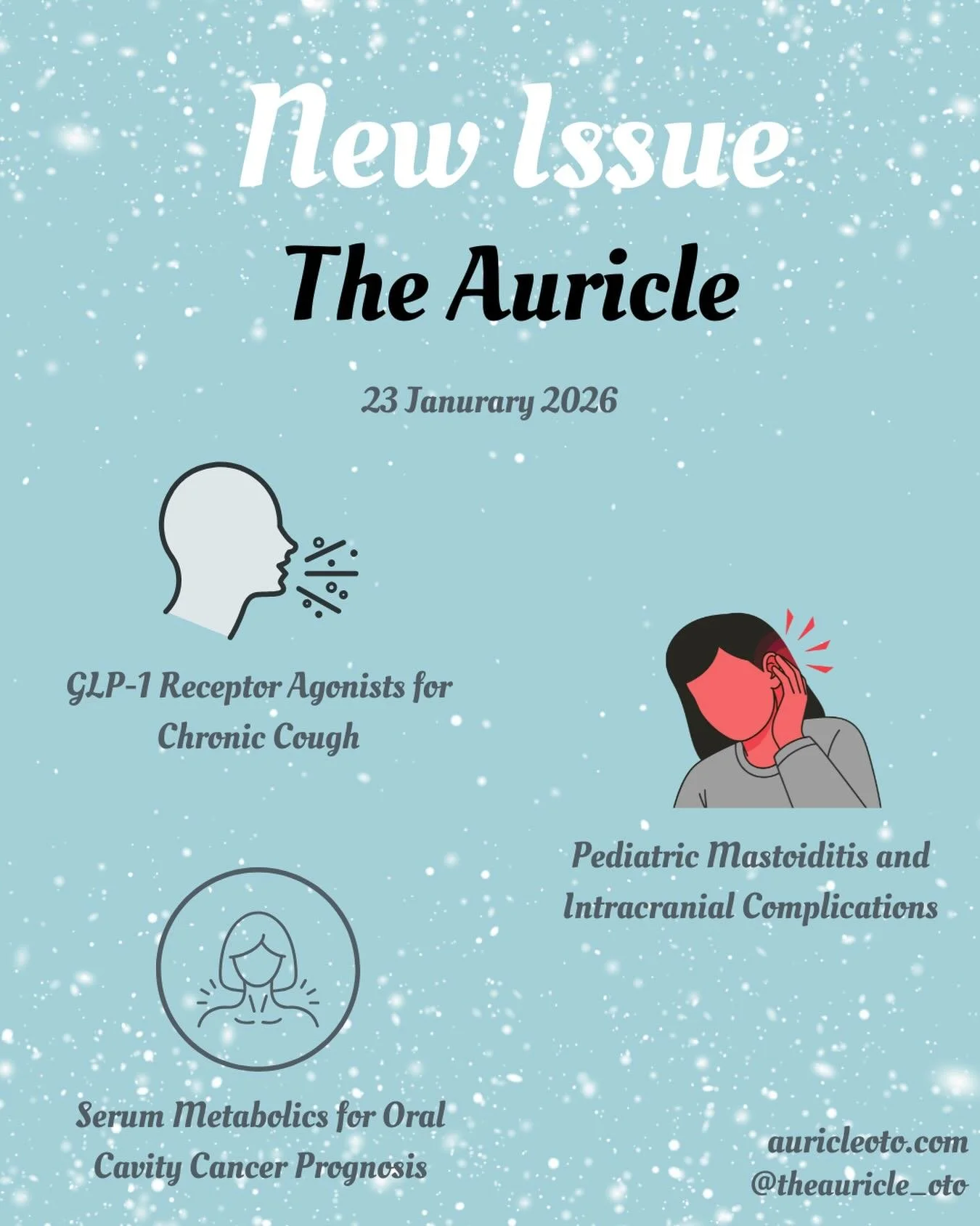 Auricle Issue 01-23-26
&nbsp;
Medical student feature:
Pooja Reddy @_winniethepooja_ 
University of Pittsburgh School of Medicine
Class of 2026 (MD)
&nbsp;
And her article:&nbsp;
Turbinate Reduction and Pediatric OSA Outcomes
@pittmedicine 
&bull;
&b