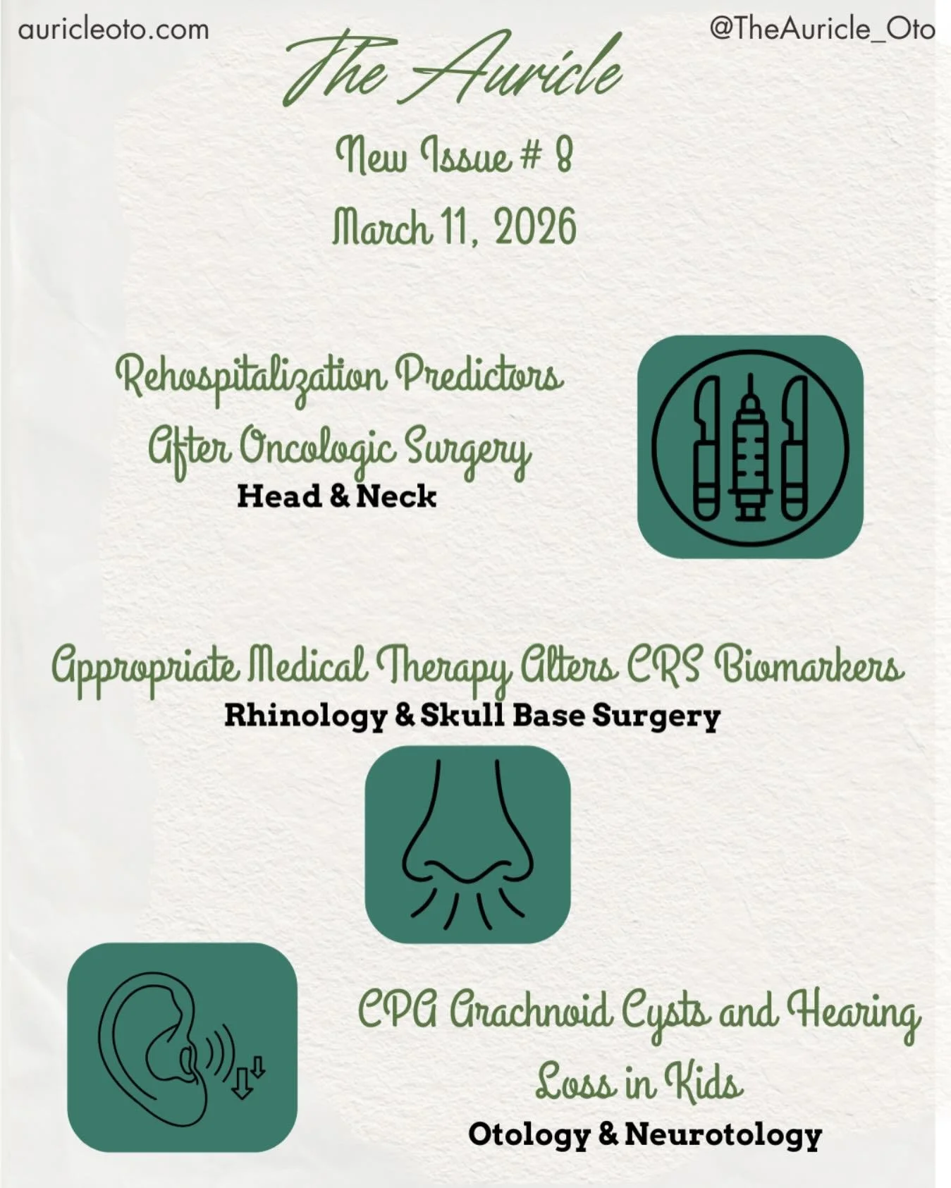 Auricle Issue 03-11-26
&nbsp;
Medical student feature:
Erin Gawel
@eringawel 
Jacobs School of Medicine, University at Buffalo
Class of 2026 (MD)
&nbsp;
And her article:&nbsp;
C. diff&nbsp;Risk With Post-Tonsillectomy&nbsp;Antibiotics
&bull;
&bull;
R