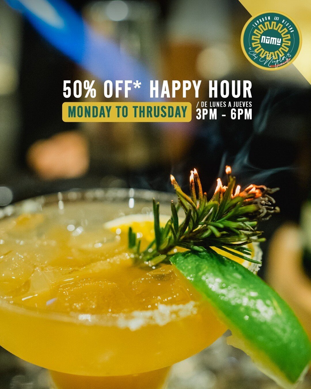 Enjoy our HAPPY HOUR! Different option every day: Monday - Gin &amp; Tonics, Tuesday - Mojitos, Wednesday - Margaritas y Thursday - Guaro cocktails.
-
&iexcl;Disfruta del &uml;HAPPY HOUR&uml;! Opci&oacute;n diferente cada d&iacute;a: Lunes - Gin &amp