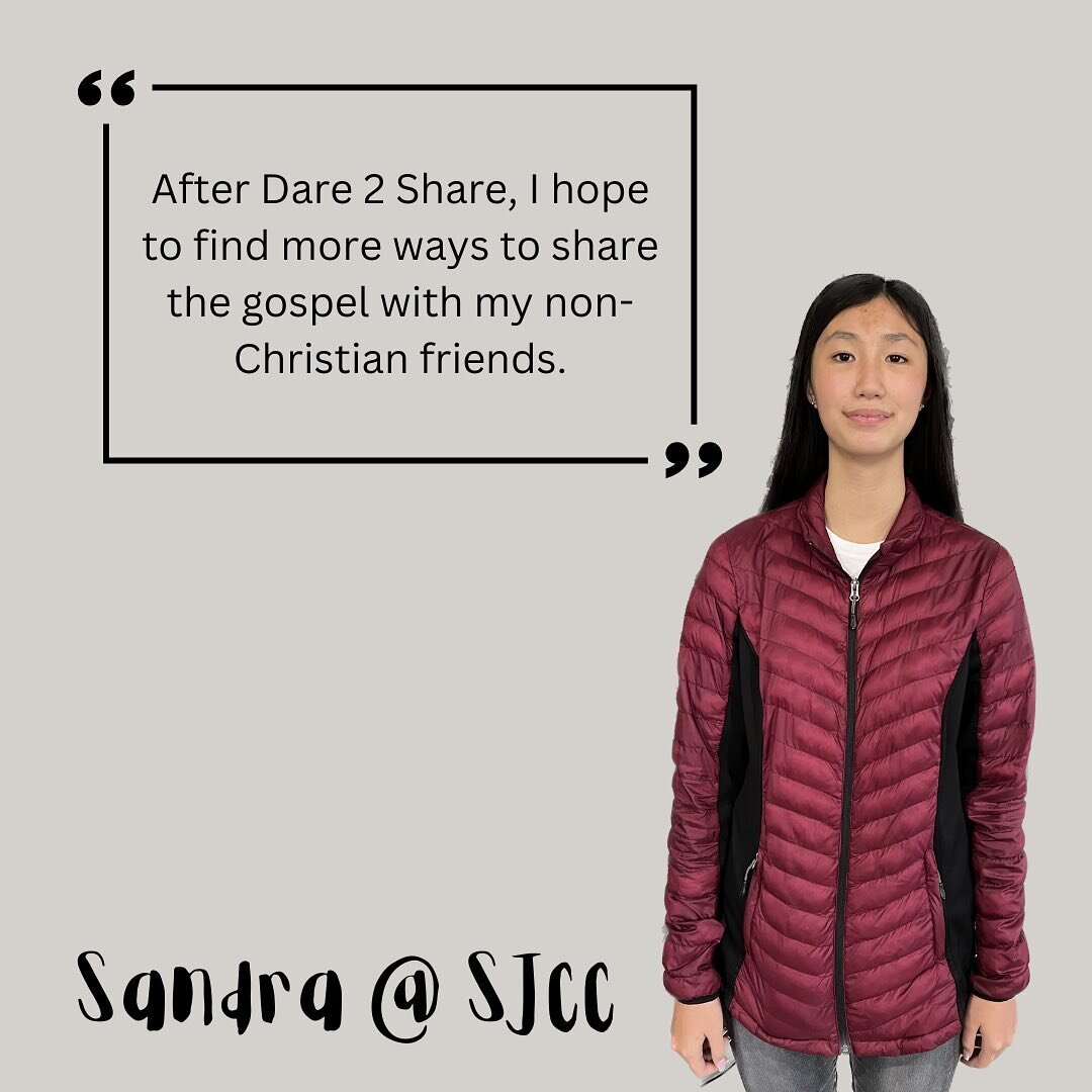 🌟 Featuring Sandra from SJCC! 🙌🏻 We&rsquo;re thankful for her zeal and heart for her non-Christian friends to receive the gospel. 🙏

Come join us for Dare2Share to get trained up on how to spread the gospel. Details below:

Date and time: 11/12 a