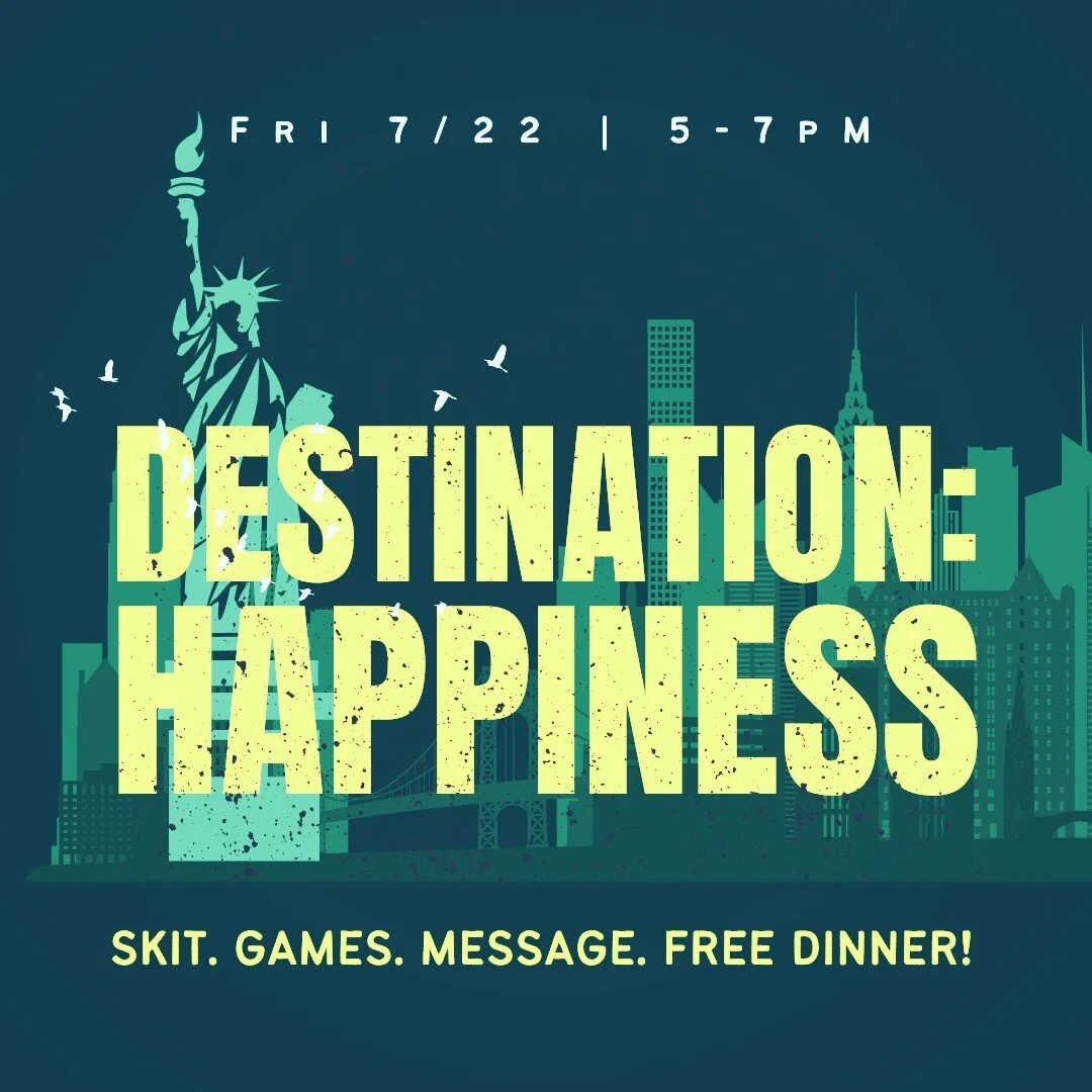 Destination: Happiness - curious title? 🤔

Where does happiness life in life? Join us for an amazing night of skit, food, and a profound message on happiness!

📣 Actual destination ↙️
Glow Community Center
133-29 41st Ave floor 1, Flushing, NY 
*
*