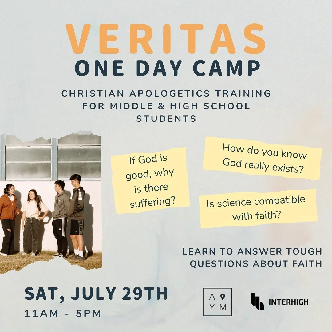 📣 Join us for Veritas One Day Camp! 🌟
Calling all middle school and high school students! Are you ready to dive deep into Christian apologetics? 🤔💡 Get equipped to tackle tough questions like "Why does suffering exist if God is good?" a