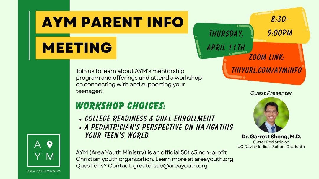 📣 AYM Parent Info Night 

Join us on 4/11/24 from 8:30-9:00 PM for our AYM Parent Info Night. We will be takling about mentorships, workshops, college readiness etc. 

#aym #areayouthministry #sacramento #parentinfonight #middleschool #highschool #c