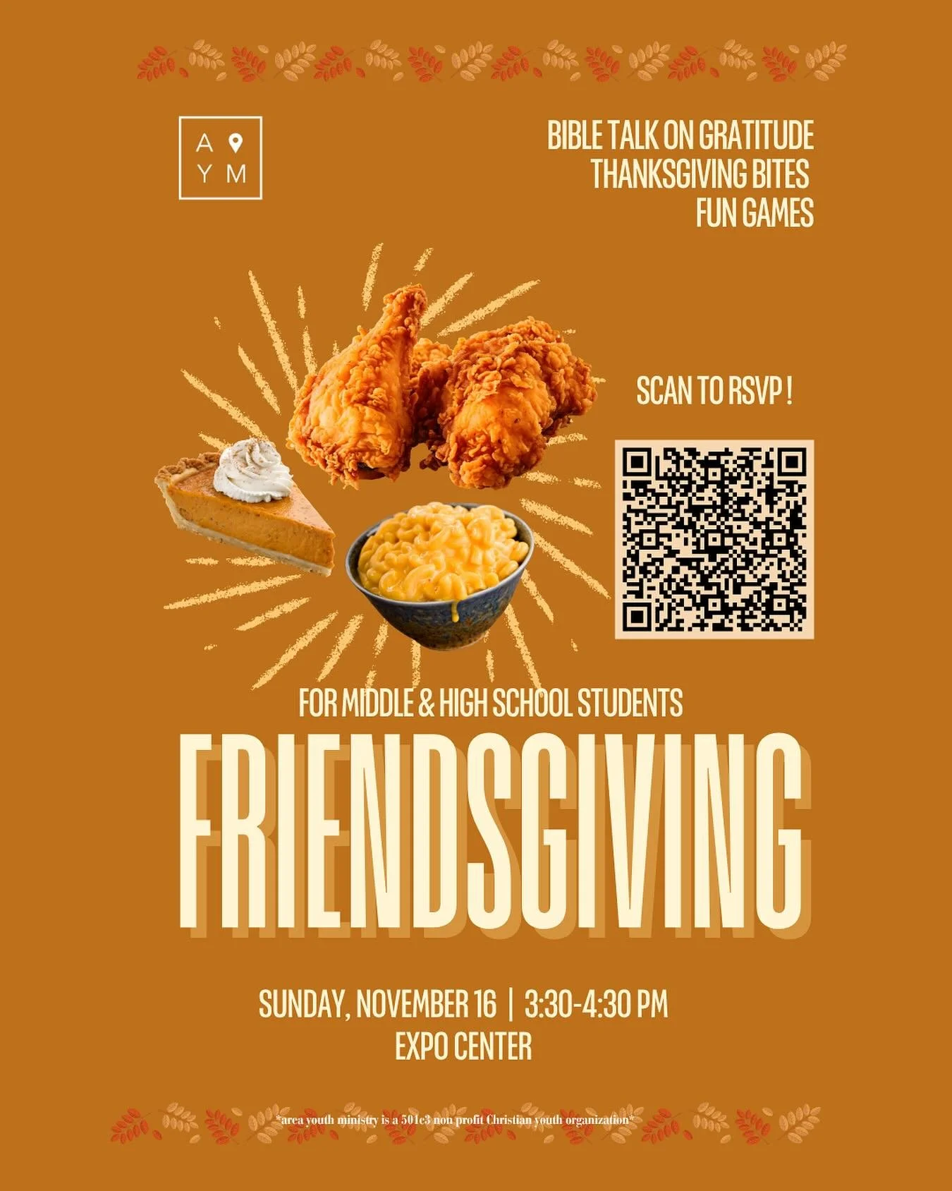 🙌🍂 Friends + Food + Fun = Friendsgiving! Come through for laughs, games, and a chance to thank God for all the good stuff this year. 💫
#aym #aymmonthly #friendsgiving #thankful #squadgoals
