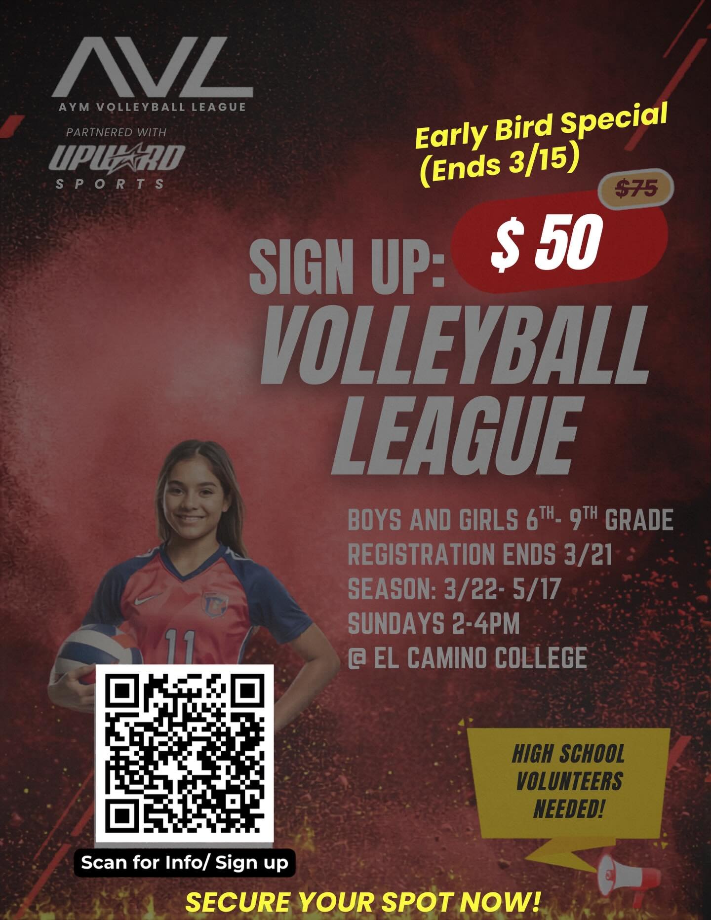 ⏰ LAST 2 DAYS! Early Bird ends 3/15 - $50 only! AVL for 6th-9th graders! Season starts 3/22 🏐
Scan QR or link in bio 🔗- Sign up NOW! 🔥
#aym #avl #volleyball #earlybird #lastchance