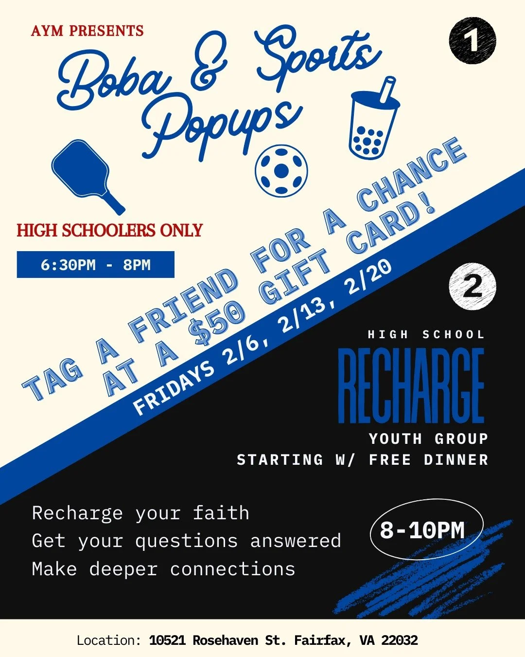 Join us for boba and sports popup! Tag a friend on this post for a chance at a $50 gift card! 

Raffle winner will receive the gift card at the 2/20 event! 
For NOVA high schoolers only.