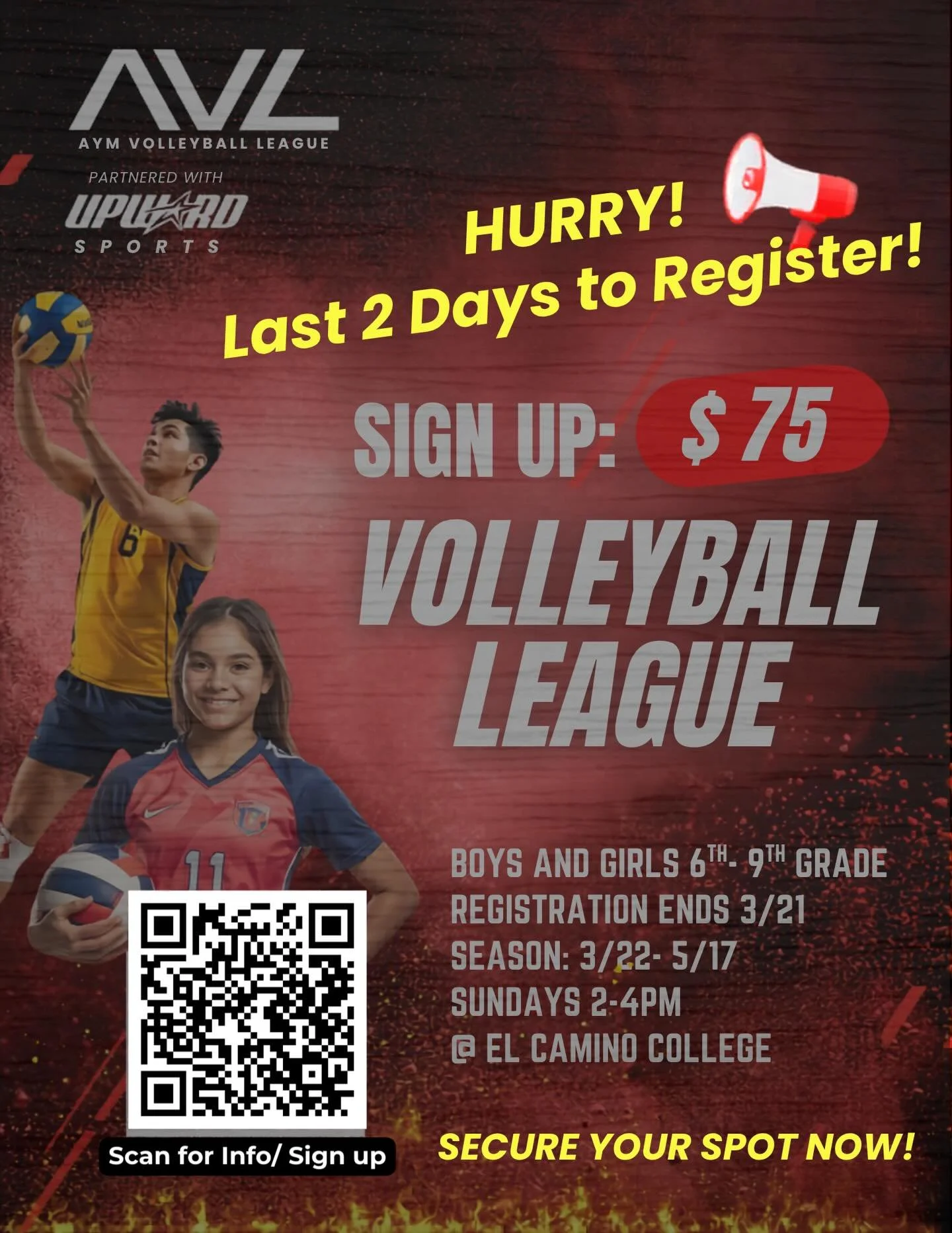 ⏰ LAST 2 DAYS! Registration ends 3/21! AVL for 6th-9th graders! Season starts 3/22 🏐
Scan QR or link in bio 🔗- Sign up NOW! 🔥
#aym #avl #volleyball #league #lastchance