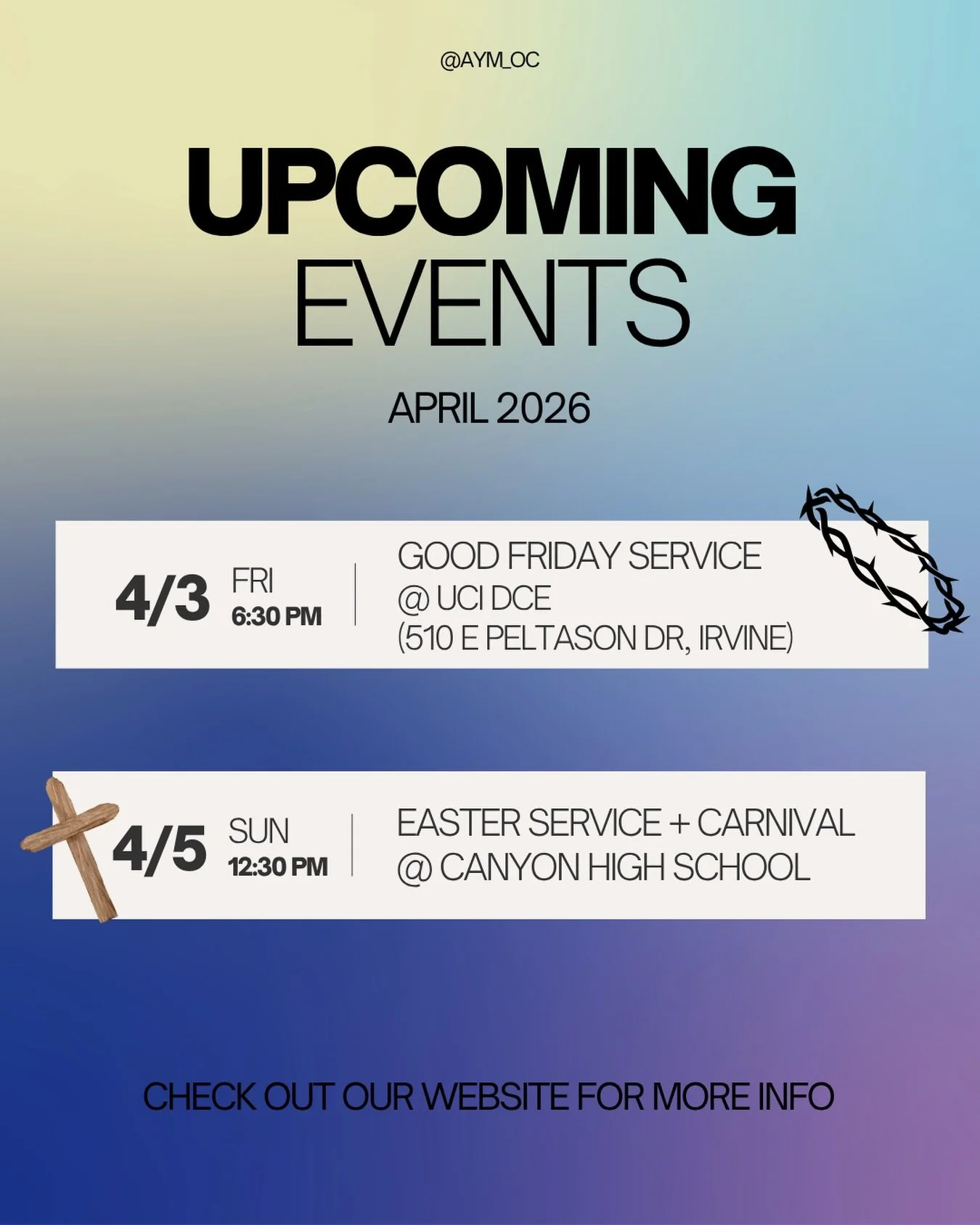 here&rsquo;s the inside scoop of what&rsquo;s goin&rsquo; on this week! 👆

check out our website for more info! link in bio 🔗 

#AYMOC #goodfriday #easter #carnival #youth